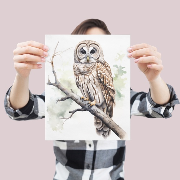 Watercolor Barred Owl Portrait Wall Art Illustration Print Poster Unframed - Picture 5 of 7